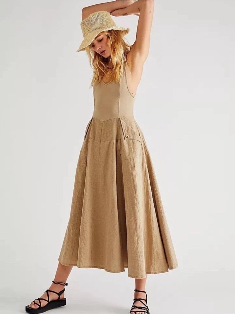 FREE PEOPLE Soledad Midi Dress Khaki Beige Boho Pockets Sz M - Picture 2 of 16